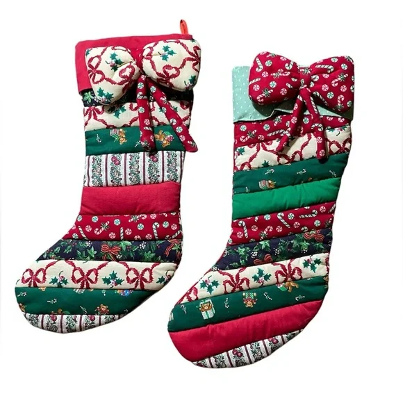 Set Of 2 Vintage Quilt Pieces Christmas Stocking Shabby Chic Red Green Bow - Picture 1 of 3
